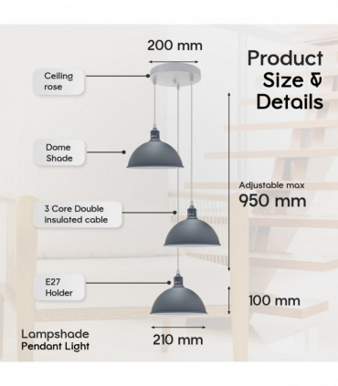 Vintage Industrial Round Three Outlet 21cm Pendant Light Grey with bulb