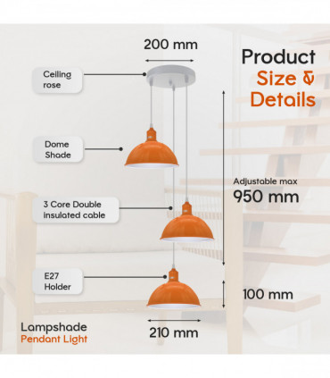 Vintage Industrial Round Three Outlet 21cm Pendant Light Orange without bulb