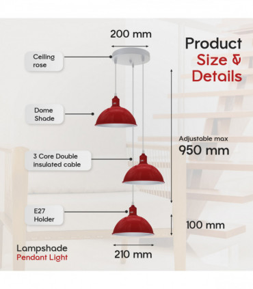 Vintage Industrial Round Three Outlet 21cm Pendant Light Red without bulb