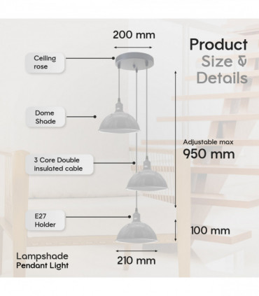 Vintage Industrial Round Three Outlet 21cm Pendant Light White without bulb