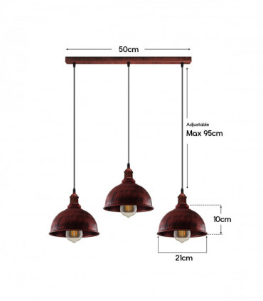 Vintage Industrial Rustic Red 3 Head Base Pendant Cord Light E27 Base Metal Brushed Light Fitting Small Curvy Lamp Shade