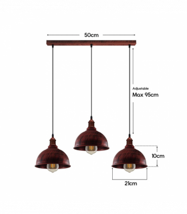 Vintage Industrial Rustic Red 3 Head Base Pendant Cord Light E27 Base Metal Brushed Light Fitting Small Curvy Lamp Shade