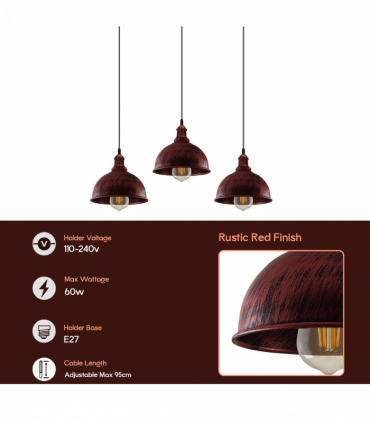 Vintage Industrial Rustic Red 3 Head Base Pendant Cord Light E27 Base Metal Brushed Light Fitting Small Curvy Lamp Shade