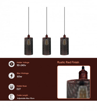Vintage Industrial Rustic Red 3 Head Reactangle Base Pendant Cord  E27 Metal Brushed Light Fitting Barel Cage Lamp Shade