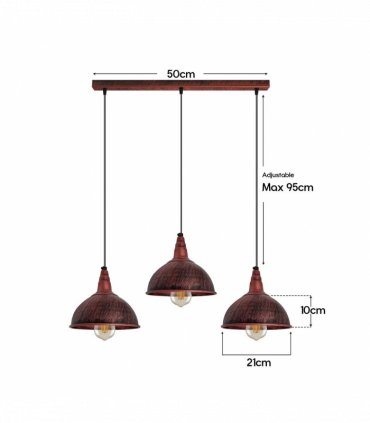 Vintage Industrial Rustic Red 3 Head Reactangle Base Pendant Cord E27  Metal Brushed Light Fitting Small Dome Lamp Shade