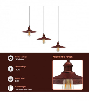Vintage Industrial Rustic Red 3 Head Reactangle Base Pendant Cord E27 Base Metal Brushed Light Long Wire Cage Lamp Shade