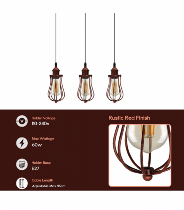 Vintage Industrial Rustic Red 3 Head Reactangle Base Pendant Cord E27 Metal Brushed Light Fitting Ballon Cage Lamp Shade