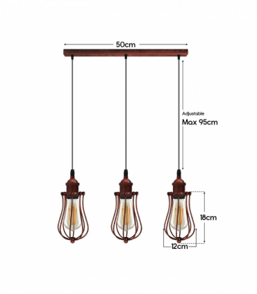 Vintage Industrial Rustic Red 3 Head Reactangle Base Pendant Cord E27 Metal Brushed Light Fitting Ballon Cage Lamp Shade