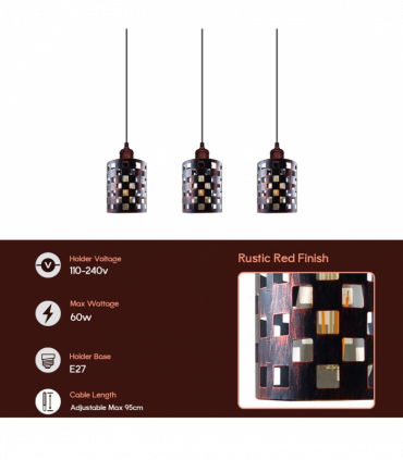 Vintage Industrial Rustic Red 3 Head Reactangle Base Pendant Cord E27 Metal Brushed Light Fitting Barel Cage Lamp Shade