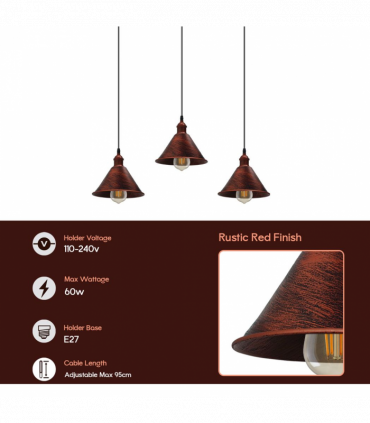 Vintage Industrial Rustic Red 3 Head Reactangle Base Pendant Cord E27 Metal Brushed Light Fitting Cone Shape Lamp Shade