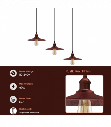 Vintage Industrial Rustic Red 3 Head Reactangle Base Pendant Cord E27 Metal Brushed Light Long Wire Cage Lamp Shade