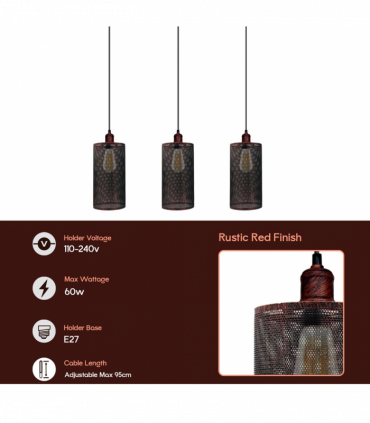 Vintage Industrial Rustic Red 3 Head Reactangle Pendant Cord  E27 Base Metal Brushed Light Fitting Barel Cage Lamp Shade