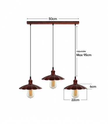 Vintage Industrial Rustic Red 3 Head Reactangle Pendant Cord E27  Metal Brushed Light Fitting Umbrella Shape Lamp Shade