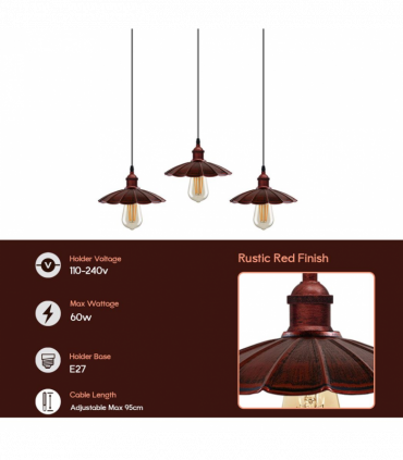 Vintage Industrial Rustic Red 3 Head Reactangle Pendant Cord E27  Metal Brushed Light Fitting Umbrella Shape Lamp Shade
