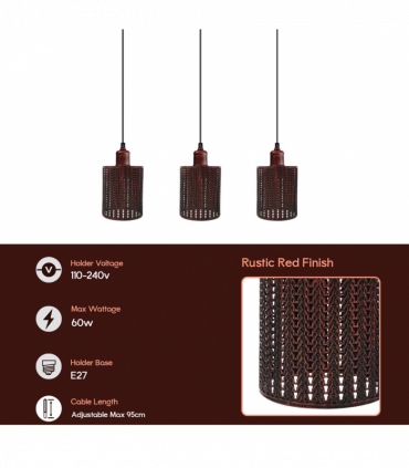Vintage Industrial Rustic Red 3 Head Reactangle Pendant Cord E27 Base Metal Brushed Light Fitting Barel Cage Lamp Shade
