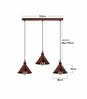 Vintage Industrial Rustic Red 3 Head Reactangle Pendant Cord E27 Base Metal Brushed Light Fitting Cone Shape Lamp Shade