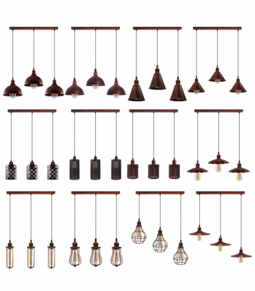 Vintage Industrial Rustic Red 3 Head Reactangle Pendant Cord E27 Base Metal Brushed Light Fitting Cone Shape Lamp Shade