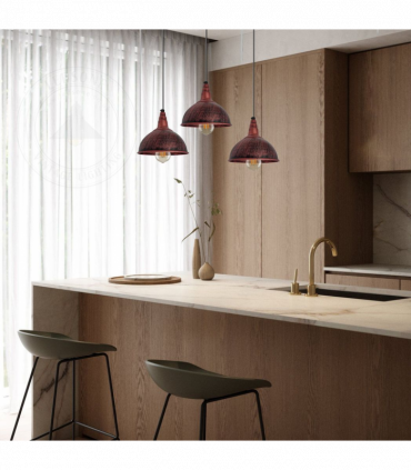 Vintage Industrial Rustic Red 3 Head Reactangle Pendant Cord E27 Base Metal Brushed Light Fitting Small Dome Lamp Shade