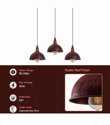 Vintage Industrial Rustic Red 3 Head Reactangle Pendant Cord E27 Base Metal Brushed Light Fitting Small Dome Lamp Shade