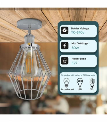 Vintage Retro Chrome Colour Ceiling Light fixtures Industrial Metal Semi Flush Mount E27 Base Screw Type Edison