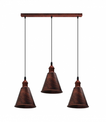 Vintage Rustic Red 3 Head Reactangle Base Pendant Cord E27 Base Metal Brushed Light Fitting Long Cone Shape Lamp Shade