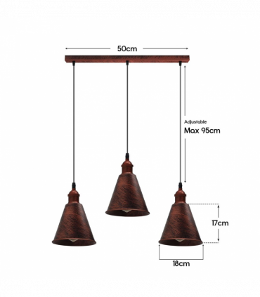 Vintage Rustic Red 3 Head Reactangle Base Pendant Cord E27 Base Metal Brushed Light Fitting Long Cone Shape Lamp Shade