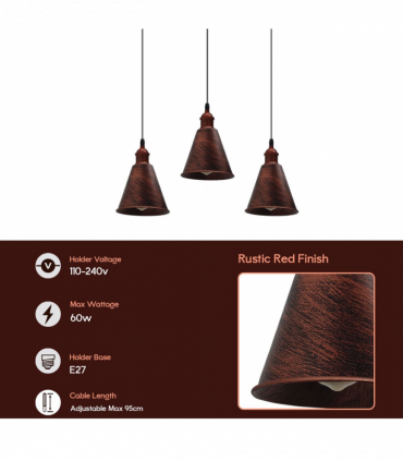 Vintage Rustic Red 3 Head Reactangle Base Pendant Cord E27 Base Metal Brushed Light Fitting Long Cone Shape Lamp Shade