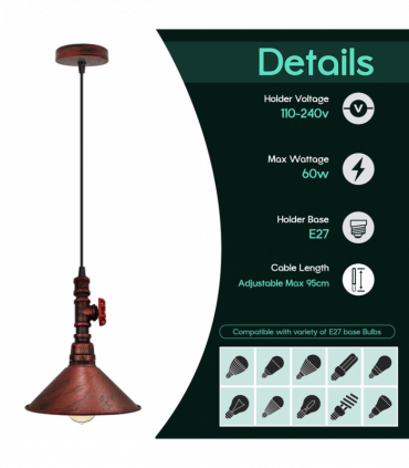 Vintage Rustic Red ceiling pendent light 22cm metal shade E2 adjustable cable