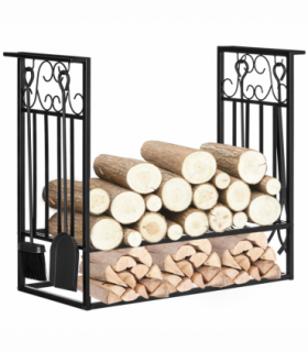 Vintage Style Firewood Log Rack Holder w/ Shovel Broom Poker Tong Tools Hooks