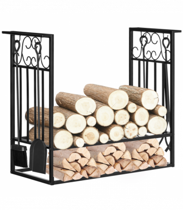 Vintage Style Firewood Log Rack Holder w/ Shovel Broom Poker Tong Tools Hooks