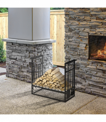 Vintage Style Firewood Log Rack Holder w/ Shovel Broom Poker Tong Tools Hooks