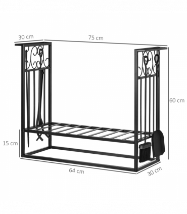 Vintage Style Firewood Log Rack Holder w/ Shovel Broom Poker Tong Tools Hooks