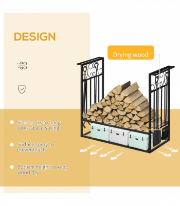 Vintage Style Firewood Log Rack Holder w/ Shovel Broom Poker Tong Tools Hooks