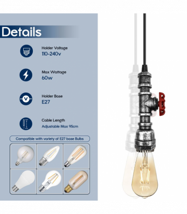 Vintage industrial  Brushed Silver metal pendant pipe light E27 adjustable cable