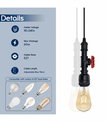 Vintage industrial Black metal pendant pipe light E27 adjustable cable