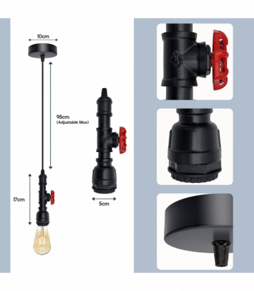 Vintage industrial Black metal pendant pipe light E27 adjustable cable