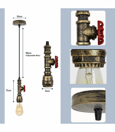 Vintage industrial Brushed Brass metal pendant pipe light E27 adjustable cable