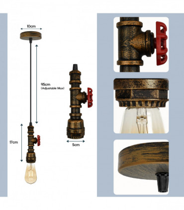 Vintage industrial Brushed copper metal pendant pipe light E27 adjustable cable