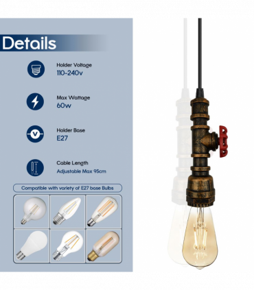 Vintage industrial Brushed copper metal pendant pipe light E27 adjustable cable