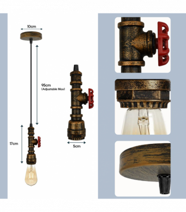 Vintage industrial Brushed copper metal pendant pipe light E27 adjustable cable