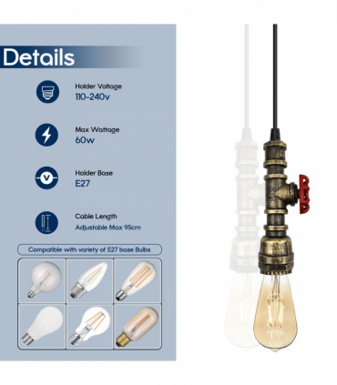 Vintage industrial Brushed copper metal pendant pipe light E27 adjustable cable