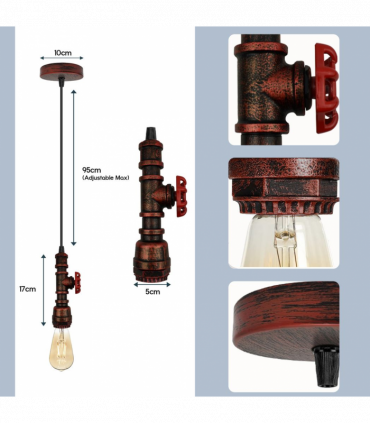 Vintage industrial Rustic Red metal pendant pipe light E27 adjustable cable