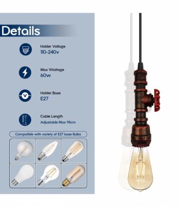 Vintage industrial Rustic Red metal pendant pipe light E27 adjustable cable