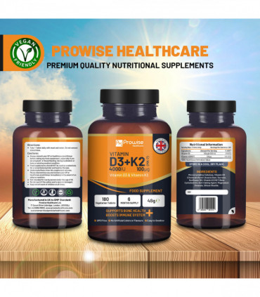 Vitamin D3 4000IU & K2 MK7 100μg Vegetarian 180 Tablets Supplement for Immune Support Calcium Boost, Bone & Muscle by Prowise