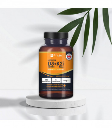 Vitamin D3 4000IU & K2 MK7 100μg Vegetarian 180 Tablets Supplement for Immune Support Calcium Boost, Bone & Muscle by Prowise