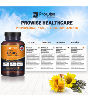Vitamin D3 4000IU & K2 MK7 100μg Vegetarian 180 Tablets Supplement for Immune Support Calcium Boost, Bone & Muscle by Prowise
