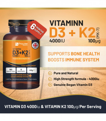 Vitamin D3 4000IU & K2 MK7 100μg Vegetarian 180 Tablets Supplement for Immune Support Calcium Boost, Bone & Muscle by Prowise