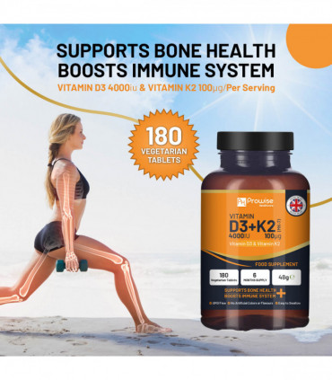 Vitamin D3 4000IU & K2 MK7 100μg Vegetarian 180 Tablets Supplement for Immune Support Calcium Boost, Bone & Muscle by Prowise