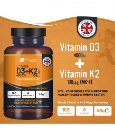 Vitamin D3 4000IU & K2 MK7 100μg Vegetarian 180 Tablets Supplement for Immune Support Calcium Boost, Bone & Muscle by Prowise