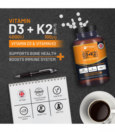Vitamin D3 4000IU & K2 MK7 100μg Vegetarian 180 Tablets Supplement for Immune Support Calcium Boost, Bone & Muscle by Prowise